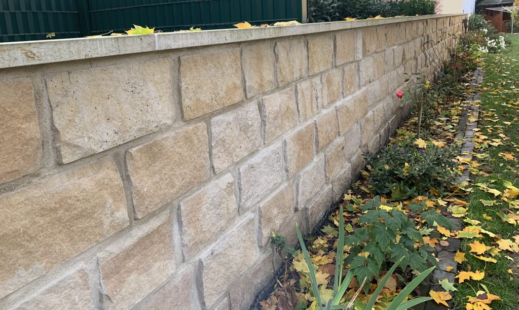 Eine lange Steinmauer grenzt an ein Gartenbeet mit Grünpflanzen und einer einzelnen rosa Rose. Abgefallene gelbe Blätter liegen auf dem Gras und dem Weg entlang der Mauer verstreut.